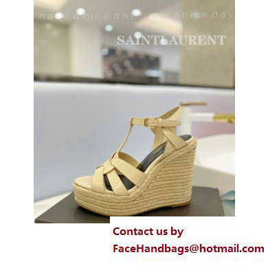 Saint Laurent Heel 12.5cm Platform 3.5cm Tribute Wedge Espadrilles in Patent Leather 611924 Beige