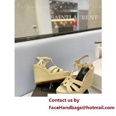 Saint Laurent Heel 12.5cm Platform 3.5cm Tribute Wedge Espadrilles in Patent Leather 611924 Beige