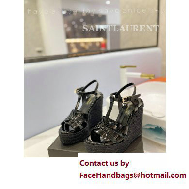 Saint Laurent Heel 12.5cm Platform 3.5cm Tribute Wedge Espadrilles in Patent Leather 611924 Black