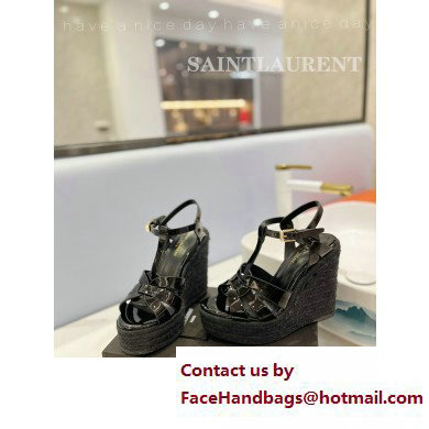 Saint Laurent Heel 12.5cm Platform 3.5cm Tribute Wedge Espadrilles in Patent Leather 611924 Black