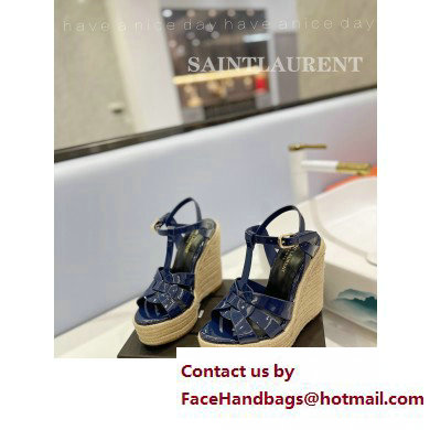 Saint Laurent Heel 12.5cm Platform 3.5cm Tribute Wedge Espadrilles in Patent Leather 611924 Blue