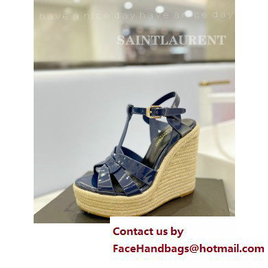 Saint Laurent Heel 12.5cm Platform 3.5cm Tribute Wedge Espadrilles in Patent Leather 611924 Blue