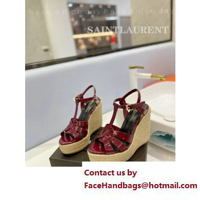 Saint Laurent Heel 12.5cm Platform 3.5cm Tribute Wedge Espadrilles in Patent Leather 611924 Burgundy