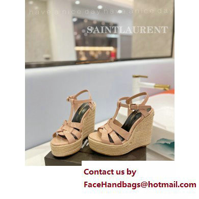 Saint Laurent Heel 12.5cm Platform 3.5cm Tribute Wedge Espadrilles in Patent Leather 611924 Nude