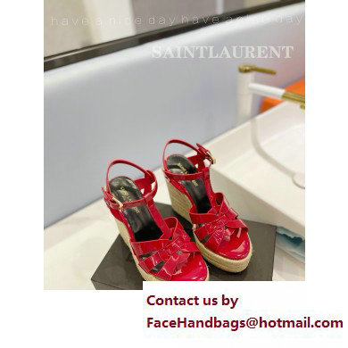 Saint Laurent Heel 12.5cm Platform 3.5cm Tribute Wedge Espadrilles in Patent Leather 611924 Red