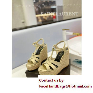 Saint Laurent Heel 12.5cm Platform 3.5cm Tribute Wedge Espadrilles in Smooth Leather 611924 Beige