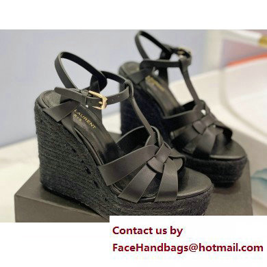 Saint Laurent Heel 12.5cm Platform 3.5cm Tribute Wedge Espadrilles in Smooth Leather 611924 Black