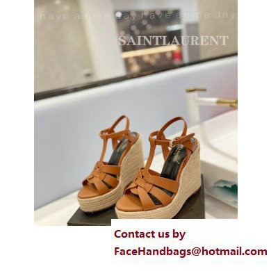 Saint Laurent Heel 12.5cm Platform 3.5cm Tribute Wedge Espadrilles in Smooth Leather 611924 Brown