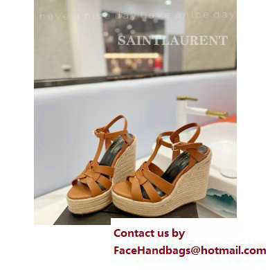 Saint Laurent Heel 12.5cm Platform 3.5cm Tribute Wedge Espadrilles in Smooth Leather 611924 Brown