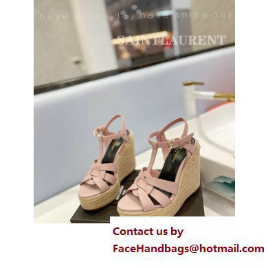 Saint Laurent Heel 12.5cm Platform 3.5cm Tribute Wedge Espadrilles in Smooth Leather 611924 Pink