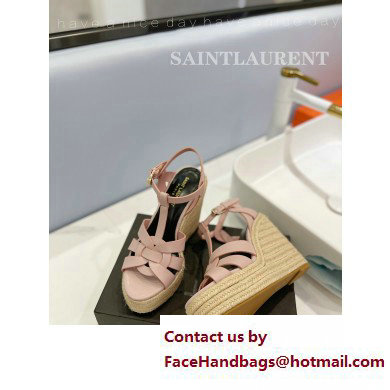 Saint Laurent Heel 12.5cm Platform 3.5cm Tribute Wedge Espadrilles in Smooth Leather 611924 Pink