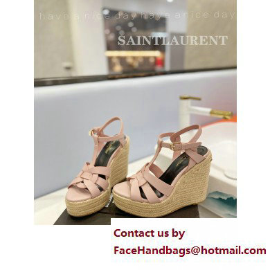 Saint Laurent Heel 12.5cm Platform 3.5cm Tribute Wedge Espadrilles in Smooth Leather 611924 Pink