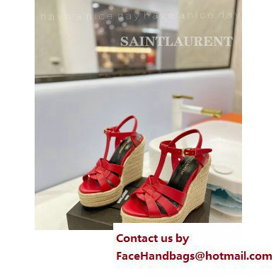 Saint Laurent Heel 12.5cm Platform 3.5cm Tribute Wedge Espadrilles in Smooth Leather 611924 Red