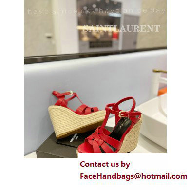 Saint Laurent Heel 12.5cm Platform 3.5cm Tribute Wedge Espadrilles in Smooth Leather 611924 Red