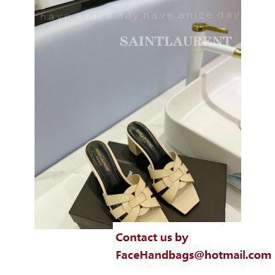 Saint Laurent Heel 6.5cm Tribute Mules Slide Sandals in Patent Leather Beige