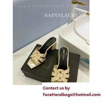 Saint Laurent Heel 6.5cm Tribute Mules Slide Sandals in Patent Leather Beige