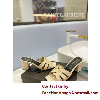 Saint Laurent Heel 6.5cm Tribute Mules Slide Sandals in Patent Leather Beige