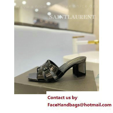 Saint Laurent Heel 6.5cm Tribute Mules Slide Sandals in Patent Leather Black