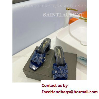 Saint Laurent Heel 6.5cm Tribute Mules Slide Sandals in Patent Leather Blue