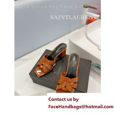 Saint Laurent Heel 6.5cm Tribute Mules Slide Sandals in Patent Leather Brown