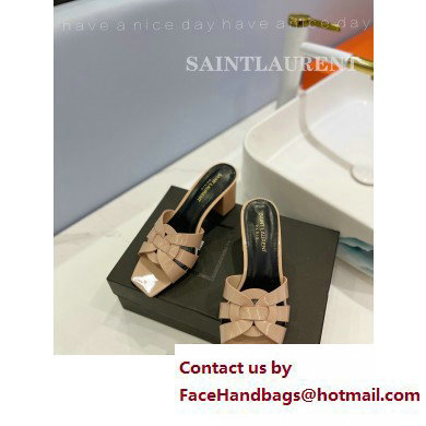 Saint Laurent Heel 6.5cm Tribute Mules Slide Sandals in Patent Leather Nude