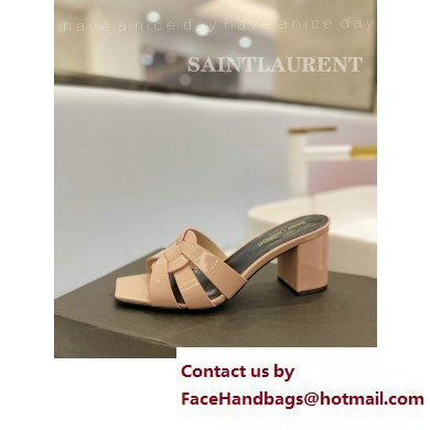 Saint Laurent Heel 6.5cm Tribute Mules Slide Sandals in Patent Leather Nude