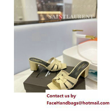 Saint Laurent Heel 6.5cm Tribute Mules Slide Sandals in Smooth Leather Beige