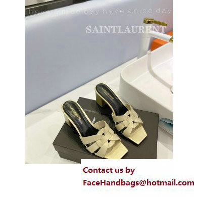 Saint Laurent Heel 6.5cm Tribute Mules Slide Sandals in Smooth Leather Beige