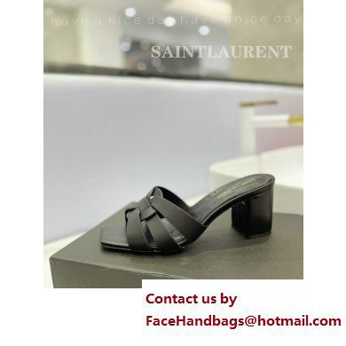 Saint Laurent Heel 6.5cm Tribute Mules Slide Sandals in Smooth Leather Black