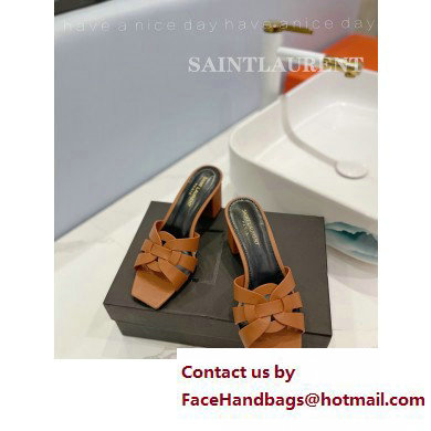 Saint Laurent Heel 6.5cm Tribute Mules Slide Sandals in Smooth Leather Brown