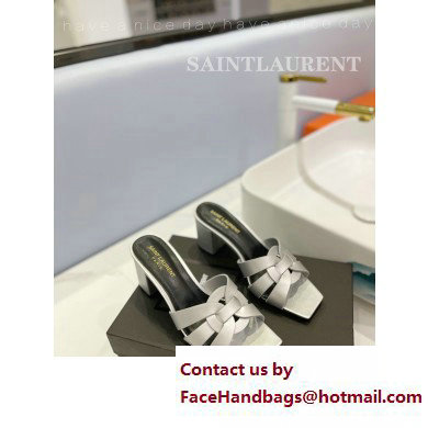 Saint Laurent Heel 6.5cm Tribute Mules Slide Sandals in Smooth Leather Silver