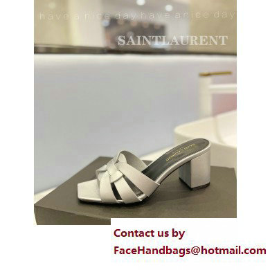 Saint Laurent Heel 6.5cm Tribute Mules Slide Sandals in Smooth Leather Silver