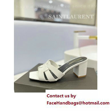 Saint Laurent Heel 6.5cm Tribute Mules Slide Sandals in Smooth Leather White