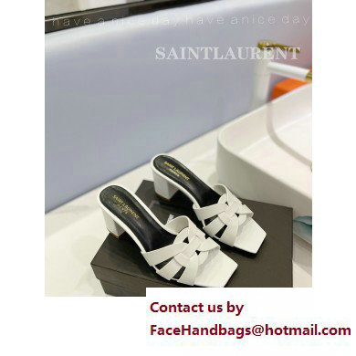 Saint Laurent Heel 6.5cm Tribute Mules Slide Sandals in Smooth Leather White