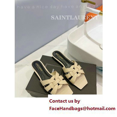 Saint Laurent Tribute Flat Mules Slide Sandals in Patent Leather 571952 Beige