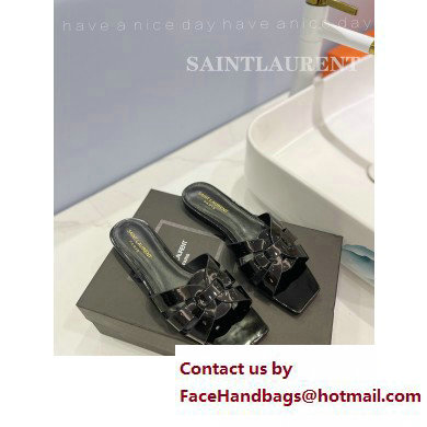 Saint Laurent Tribute Flat Mules Slide Sandals in Patent Leather 571952 Black