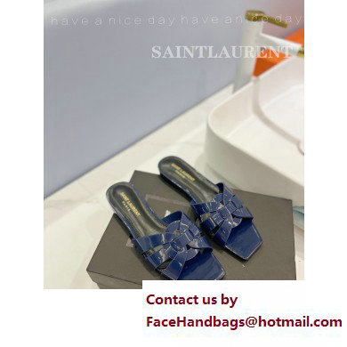 Saint Laurent Tribute Flat Mules Slide Sandals in Patent Leather 571952 Blue