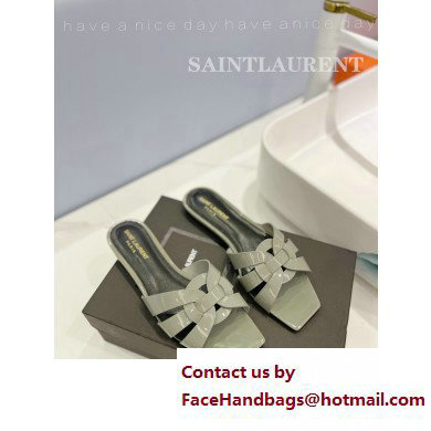 Saint Laurent Tribute Flat Mules Slide Sandals in Patent Leather 571952 Gray