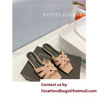 Saint Laurent Tribute Flat Mules Slide Sandals in Patent Leather 571952 Nude