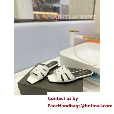 Saint Laurent Tribute Flat Mules Slide Sandals in Smooth Leather 571952 White