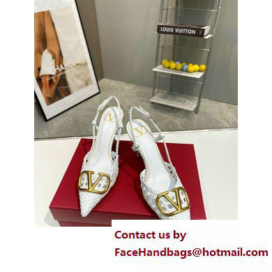 Valentino Heel 8.5cm VLogo Signature Slingback Pumps Woven White 2023