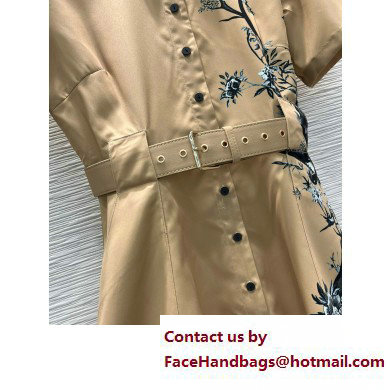 dior Beige Cotton Gabardine with Multicolor Dior Jardin d'Hiver Motif Mid-Length Belted Dress 2023