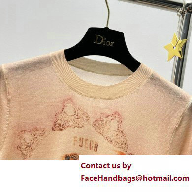 dior Beige Cotton Jersey and Linen with Fuego Motif T-Shirt 2023