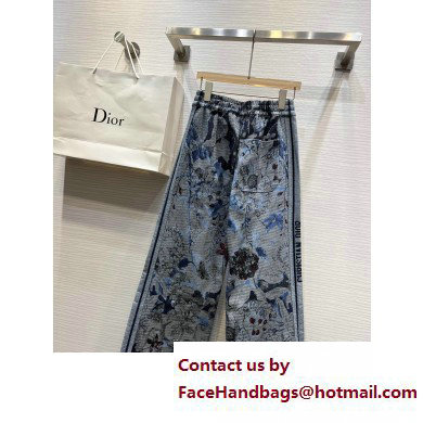 dior Blue Cotton Denim with Dior Jardin Magique Motif Wide-Leg Pants 2023