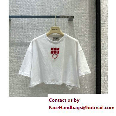 miu miu Embroidered cotton jersey T-shirt white 2023