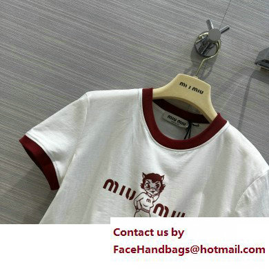 miu miu Printed cotton T-shirt white/Burgundy 2023