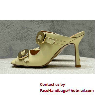 Bottega Veneta Heel 9.5cm Leather Stretch Buckle Mules Sandals Light Yellow 2023