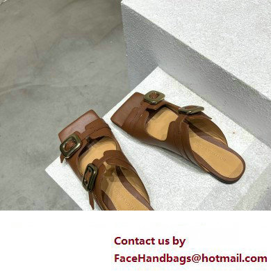 Bottega Veneta Leather Stretch Buckle Mules Sandals Flats Brown 2023