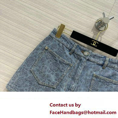 CHANEL CAMELLIA PRINTED DENIM SHORTS 2023