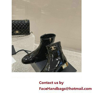 Chanel Gold Heel 3cm Patent Goatskin Short Boots G39736 Black 2023